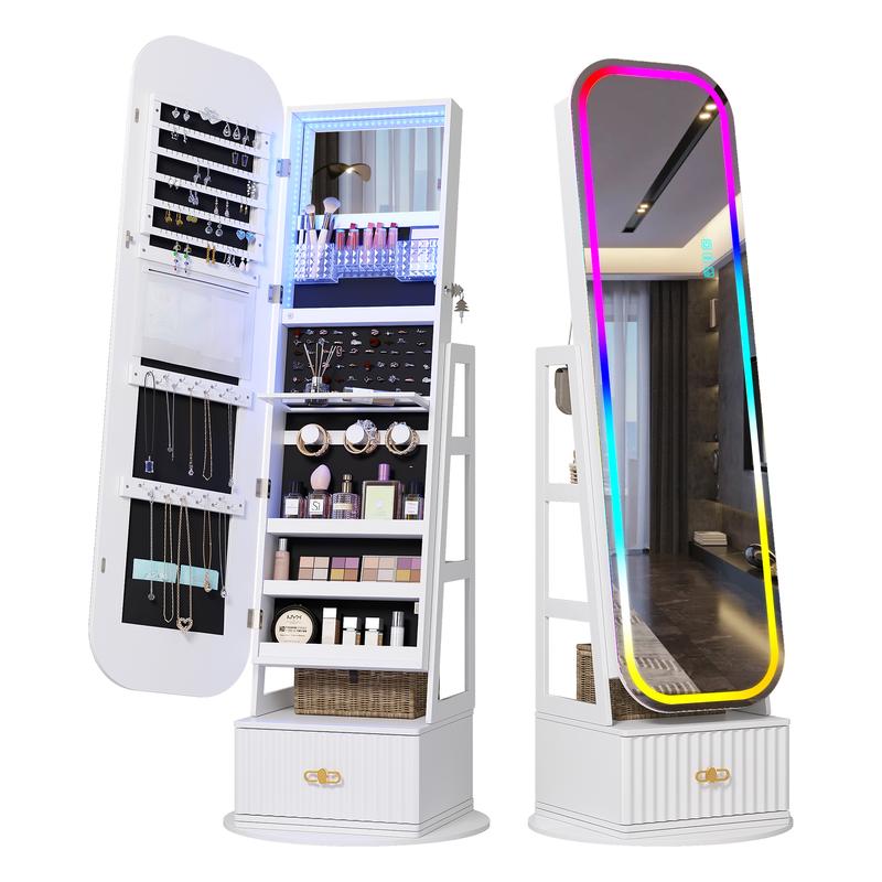 Miuvanity 5-in-1 360° Swivel Jewelry Cabinet with LED Mirror – Lockable, Standing Armoire with 108 Earring Slots & Full-Length Mirror
