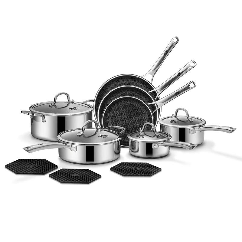SNOWCLAD Hybrid Nonstick Cookware Set – Tri-Ply Stainless Steel, Induction Ready, Oven Safe 500°F (10-Pc & 14-Pc)