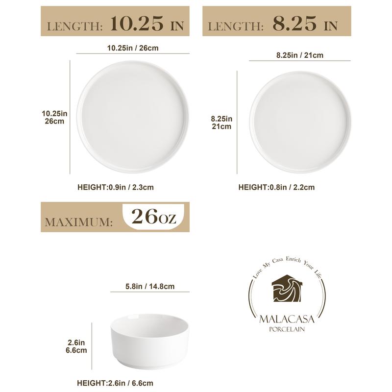 MALACASA LEAH Series Porcelain Dinnerware Set – Lead-Free, Chip-Resistant, Microwave & Dishwasher Safe | 12–24 Piece for 4–6
