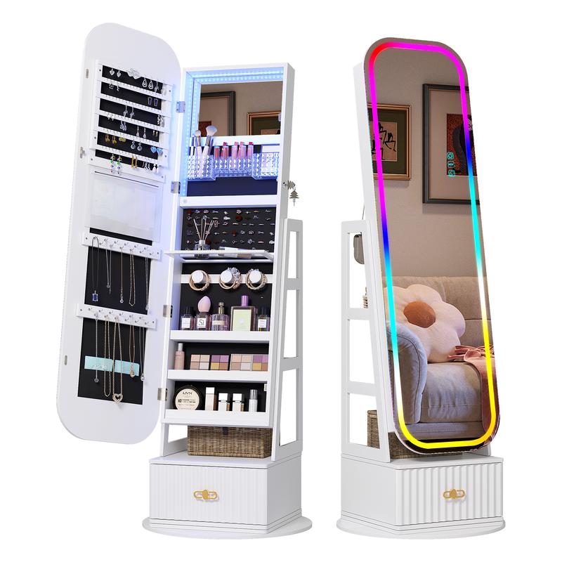 Miuvanity 5-in-1 360° Swivel Jewelry Cabinet with LED Mirror – Lockable, Standing Armoire with 108 Earring Slots & Full-Length Mirror