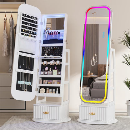 Miuvanity 5-in-1 360° Swivel Jewelry Cabinet with LED Mirror – Lockable, Standing Armoire with 108 Earring Slots & Full-Length Mirror