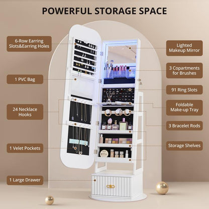 Miuvanity 5-in-1 360° Swivel Jewelry Cabinet with LED Mirror – Lockable, Standing Armoire with 108 Earring Slots & Full-Length Mirror
