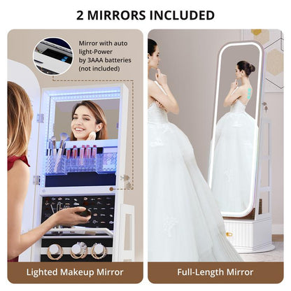 Miuvanity 5-in-1 360° Swivel Jewelry Cabinet with LED Mirror – Lockable, Standing Armoire with 108 Earring Slots & Full-Length Mirror
