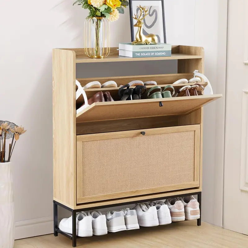 Giratree Farmhouse Shoe Cabinet with Flip Drawers – Slim Freestanding Entryway Shoe Rack | 2, 3 & 4-Tier | Black, Natural, Walnut
