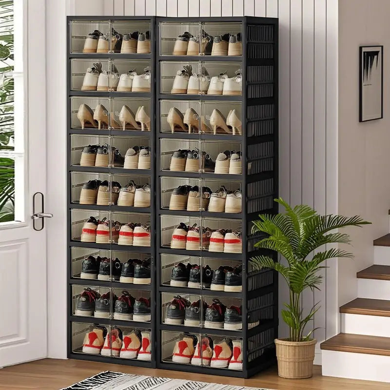 9-Tier Foldable Shoe Organizer with Clear Doors – Holds 18 Pairs, Wheeled, Tool-Free Assembly