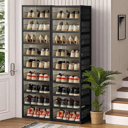 9-Tier Foldable Shoe Organizer with Clear Doors – Holds 18 Pairs, Wheeled, Tool-Free Assembly