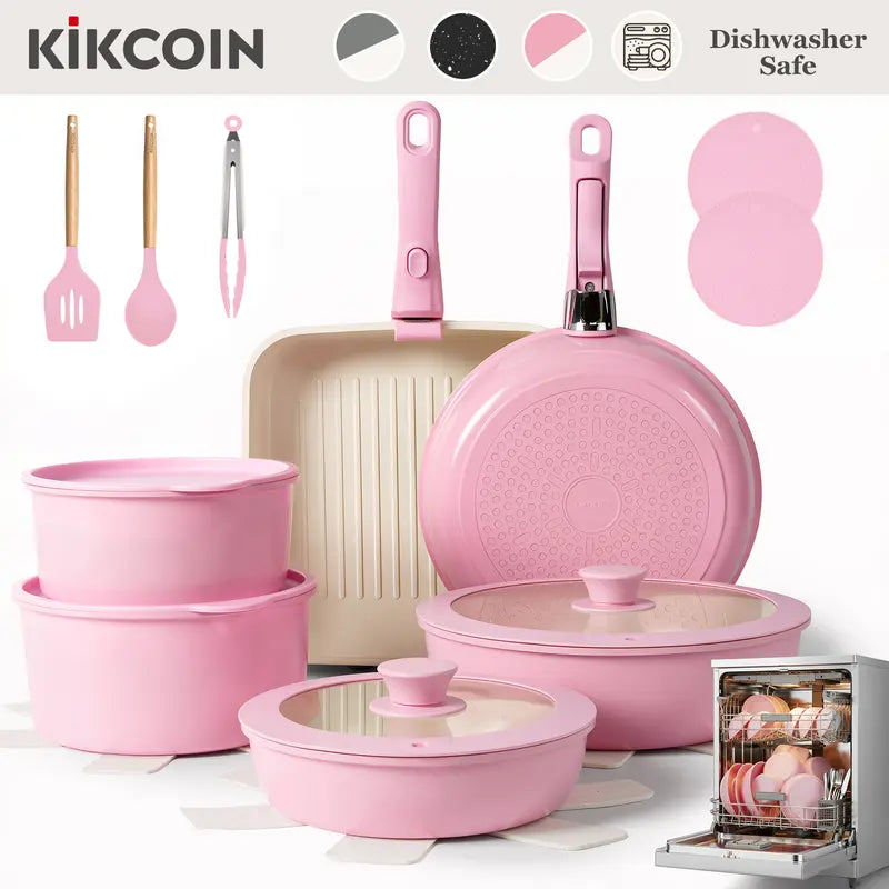 Kikcoin Ceramic Pro 22-Piece Nonstick Cookware Set – Detachable Handles, SGS Certified, PFOA-Free, Stackable