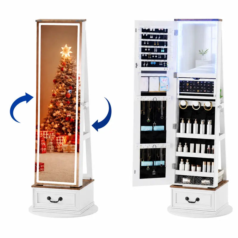Miuvanity 5-in-1 360° Swivel Jewelry Cabinet with LED Mirror – Lockable, Standing Armoire with 108 Earring Slots & Full-Length Mirror