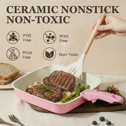 Kikcoin Ceramic Pro 22-Piece Nonstick Cookware Set – Detachable Handles, SGS Certified, PFOA-Free, Stackable