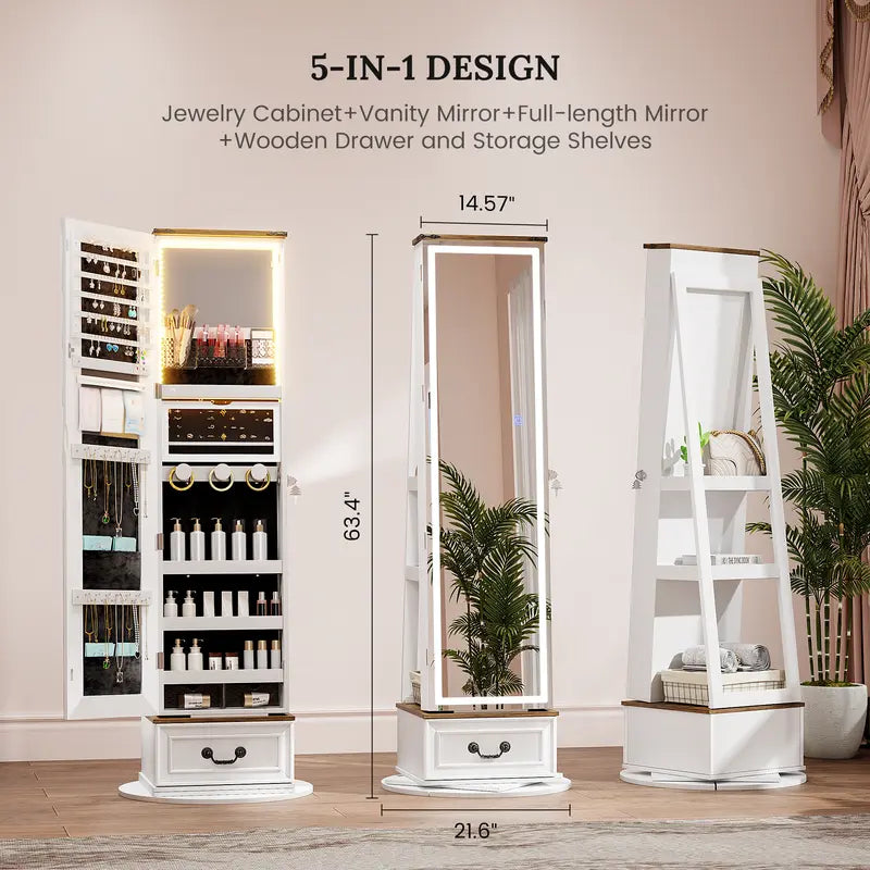 Miuvanity 5-in-1 360° Swivel Jewelry Cabinet with LED Mirror – Lockable, Standing Armoire with 108 Earring Slots & Full-Length Mirror