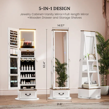 Miuvanity 5-in-1 360° Swivel Jewelry Cabinet with LED Mirror – Lockable, Standing Armoire with 108 Earring Slots & Full-Length Mirror