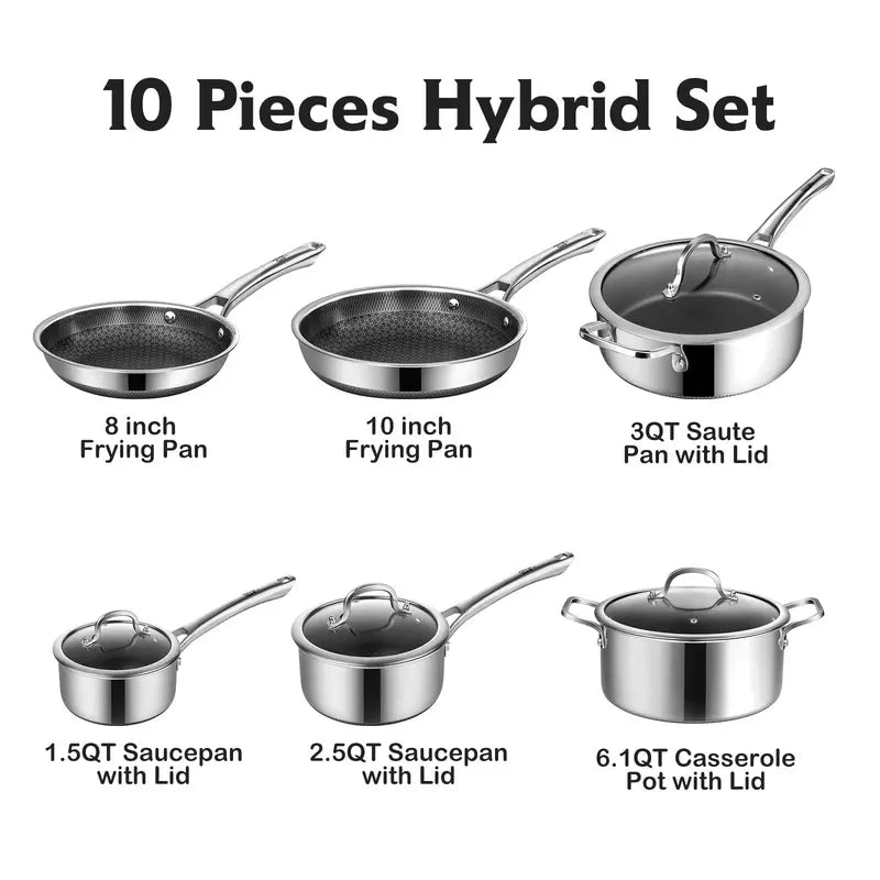 SNOWCLAD Hybrid Nonstick Cookware Set – Tri-Ply Stainless Steel, Induction Ready, Oven Safe 500°F (10-Pc & 14-Pc)