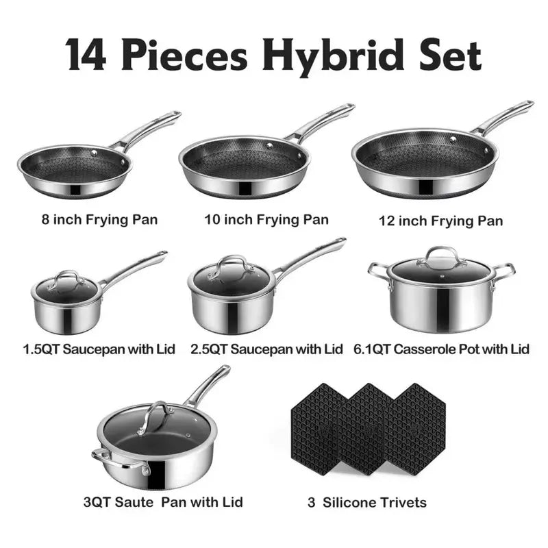 SNOWCLAD Hybrid Nonstick Cookware Set – Tri-Ply Stainless Steel, Induction Ready, Oven Safe 500°F (10-Pc & 14-Pc)