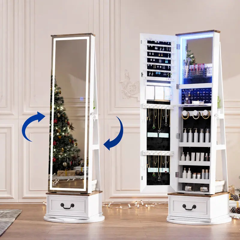 Miuvanity 5-in-1 360° Swivel Jewelry Cabinet with LED Mirror – Lockable, Standing Armoire with 108 Earring Slots & Full-Length Mirror