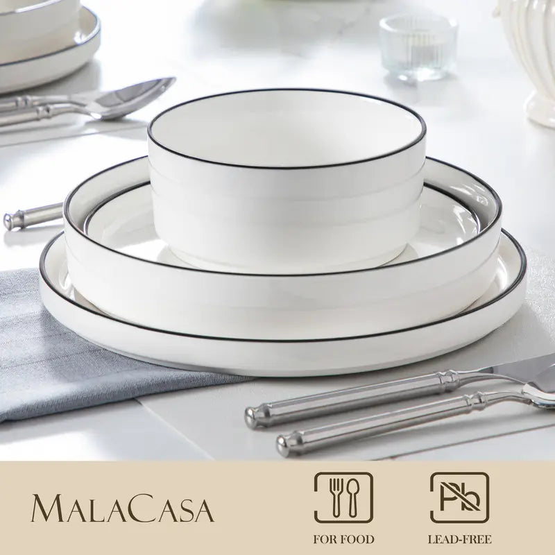 MALACASA LEAH Series Porcelain Dinnerware Set – Lead-Free, Chip-Resistant, Microwave & Dishwasher Safe | 12–24 Piece for 4–6