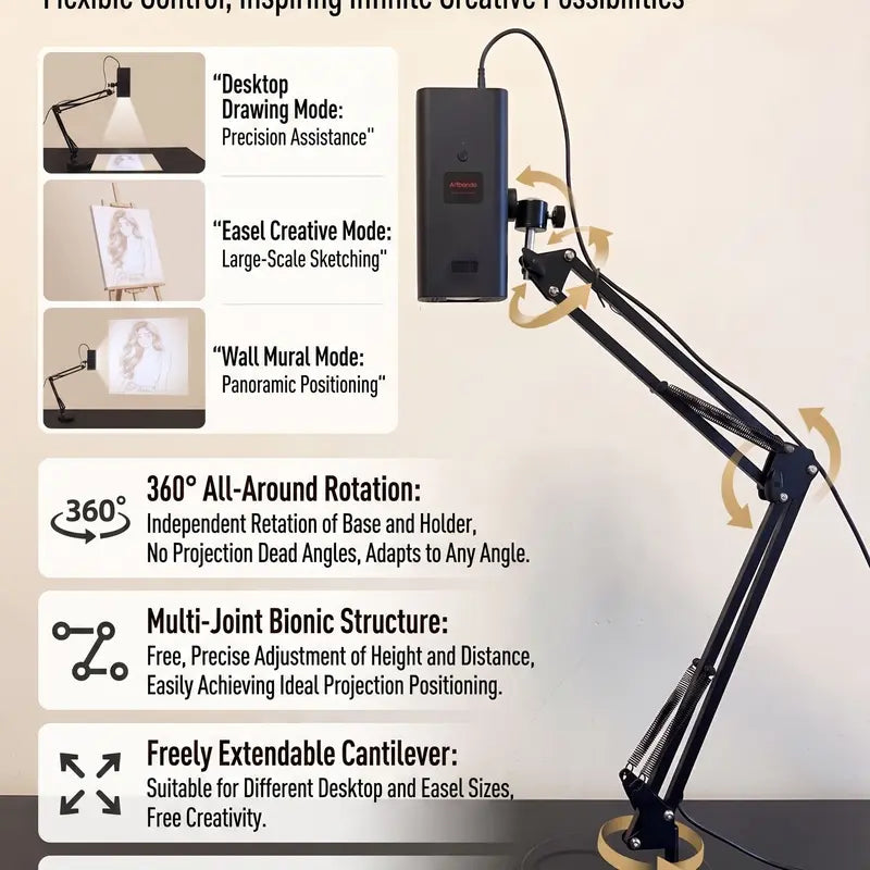 Art Tracing Projector with 360° Flexible Arm – Wireless, USB-C, 5G Dual-Band