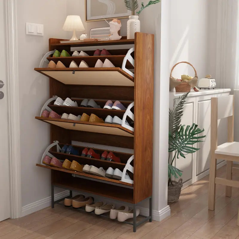 Giratree Farmhouse Shoe Cabinet with Flip Drawers – Slim Freestanding Entryway Shoe Rack | 2, 3 & 4-Tier | Black, Natural, Walnut