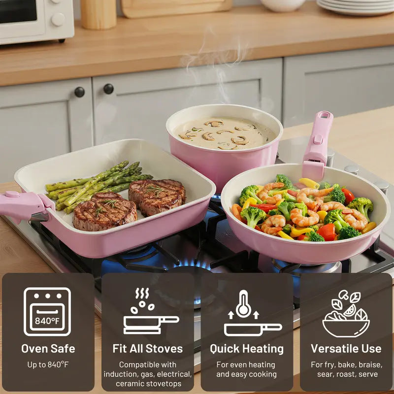 Kikcoin Ceramic Pro 22-Piece Nonstick Cookware Set – Detachable Handles, SGS Certified, PFOA-Free, Stackable