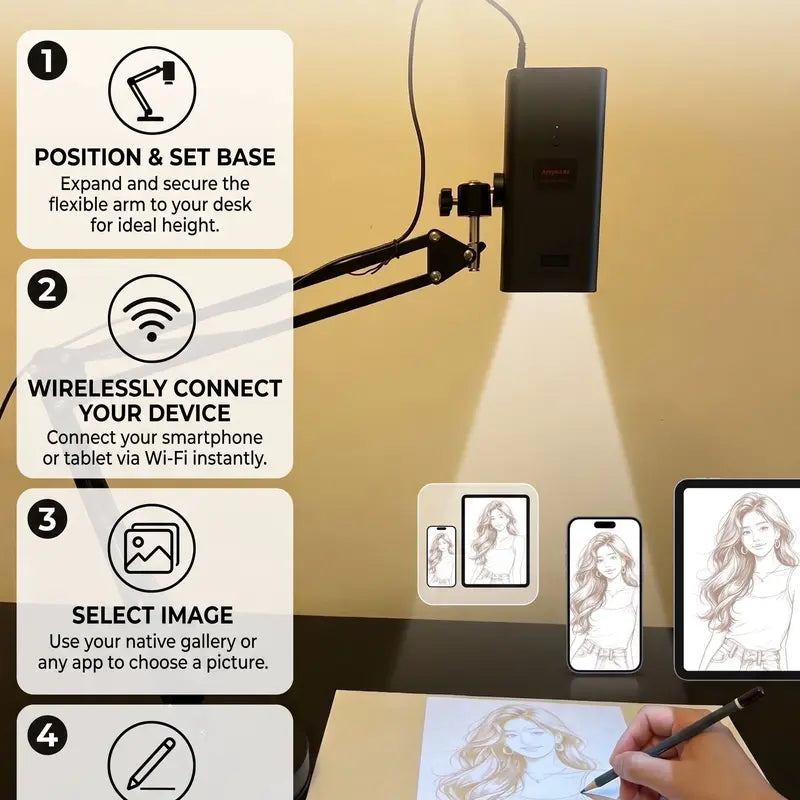 Art Tracing Projector with 360° Flexible Arm – Wireless, USB-C, 5G Dual-Band