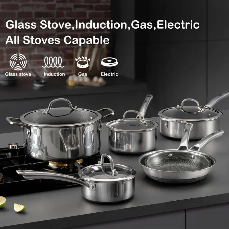 SNOWCLAD Hybrid Nonstick Cookware Set – Tri-Ply Stainless Steel, Induction Ready, Oven Safe 500°F (10-Pc & 14-Pc)