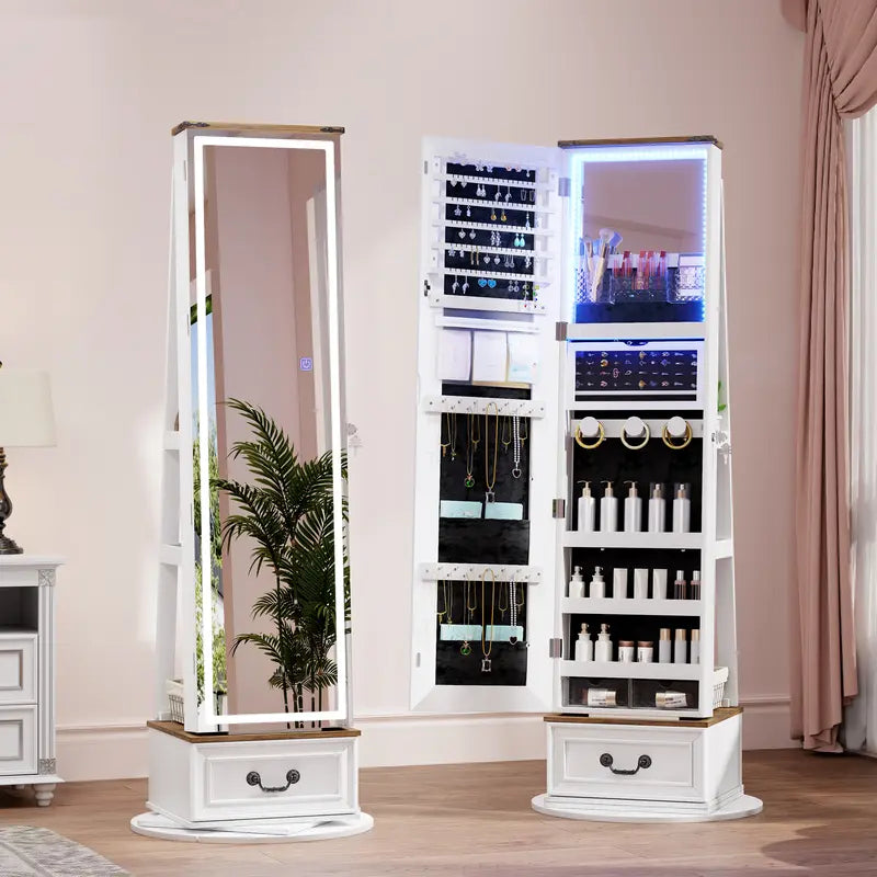 Miuvanity 5-in-1 360° Swivel Jewelry Cabinet with LED Mirror – Lockable, Standing Armoire with 108 Earring Slots & Full-Length Mirror
