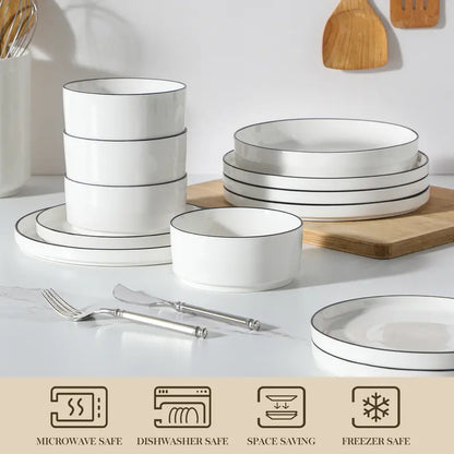 MALACASA LEAH Series Porcelain Dinnerware Set – Lead-Free, Chip-Resistant, Microwave & Dishwasher Safe | 12–24 Piece for 4–6