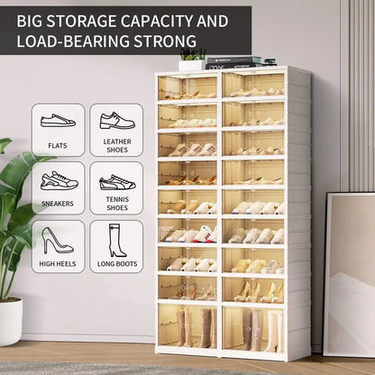9-Tier Foldable Shoe Organizer with Clear Doors – Holds 18 Pairs, Wheeled, Tool-Free Assembly