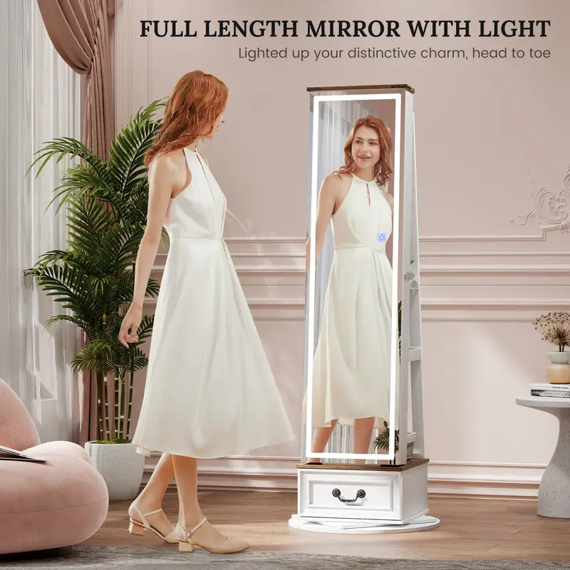Miuvanity 5-in-1 360° Swivel Jewelry Cabinet with LED Mirror – Lockable, Standing Armoire with 108 Earring Slots & Full-Length Mirror