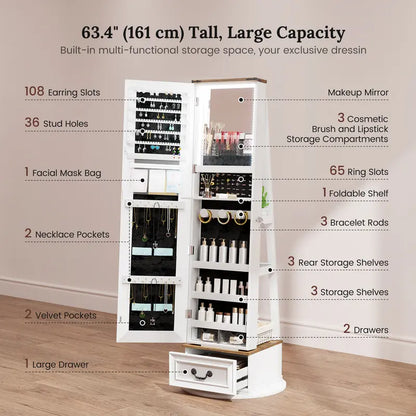 Miuvanity 5-in-1 360° Swivel Jewelry Cabinet with LED Mirror – Lockable, Standing Armoire with 108 Earring Slots & Full-Length Mirror