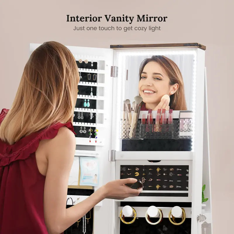 Miuvanity 5-in-1 360° Swivel Jewelry Cabinet with LED Mirror – Lockable, Standing Armoire with 108 Earring Slots & Full-Length Mirror