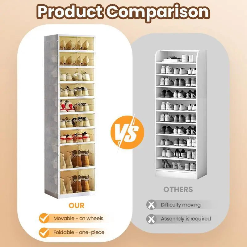 9-Tier Foldable Shoe Organizer with Clear Doors – Holds 18 Pairs, Wheeled, Tool-Free Assembly