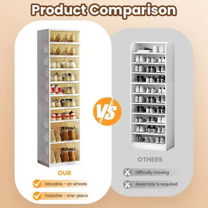 9-Tier Foldable Shoe Organizer with Clear Doors – Holds 18 Pairs, Wheeled, Tool-Free Assembly