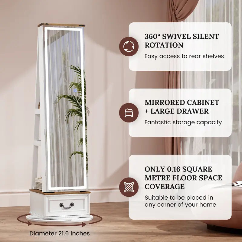 Miuvanity 5-in-1 360° Swivel Jewelry Cabinet with LED Mirror – Lockable, Standing Armoire with 108 Earring Slots & Full-Length Mirror