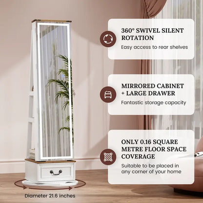 Miuvanity 5-in-1 360° Swivel Jewelry Cabinet with LED Mirror – Lockable, Standing Armoire with 108 Earring Slots & Full-Length Mirror