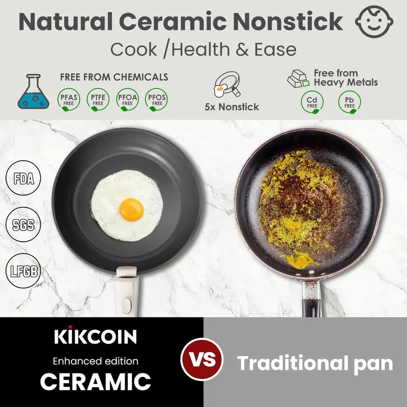 Kikcoin Ceramic Pro 22-Piece Nonstick Cookware Set – Detachable Handles, SGS Certified, PFOA-Free, Stackable
