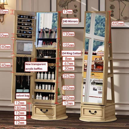 Miuvanity 5-in-1 360° Swivel Jewelry Cabinet with LED Mirror – Lockable, Standing Armoire with 108 Earring Slots & Full-Length Mirror