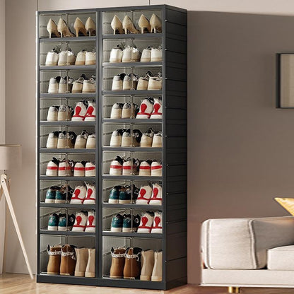 9-Tier Foldable Shoe Organizer with Clear Doors – Holds 18 Pairs, Wheeled, Tool-Free Assembly