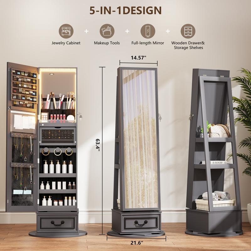 Miuvanity 5-in-1 360° Swivel Jewelry Cabinet with LED Mirror – Lockable, Standing Armoire with 108 Earring Slots & Full-Length Mirror