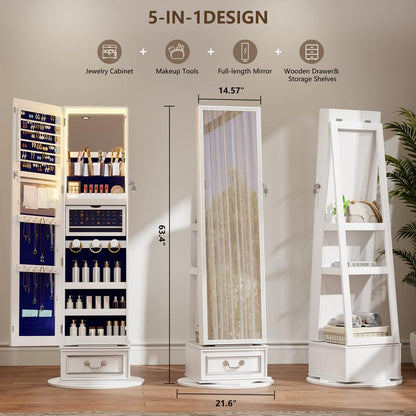 Miuvanity 5-in-1 360° Swivel Jewelry Cabinet with LED Mirror – Lockable, Standing Armoire with 108 Earring Slots & Full-Length Mirror