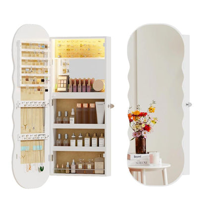 Miuvanity 5-in-1 360° Swivel Jewelry Cabinet with LED Mirror – Lockable, Standing Armoire with 108 Earring Slots & Full-Length Mirror