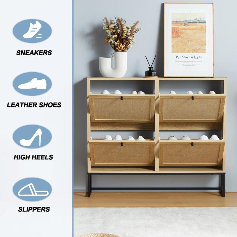 Giratree Farmhouse Shoe Cabinet with Flip Drawers – Slim Freestanding Entryway Shoe Rack | 2, 3 & 4-Tier | Black, Natural, Walnut