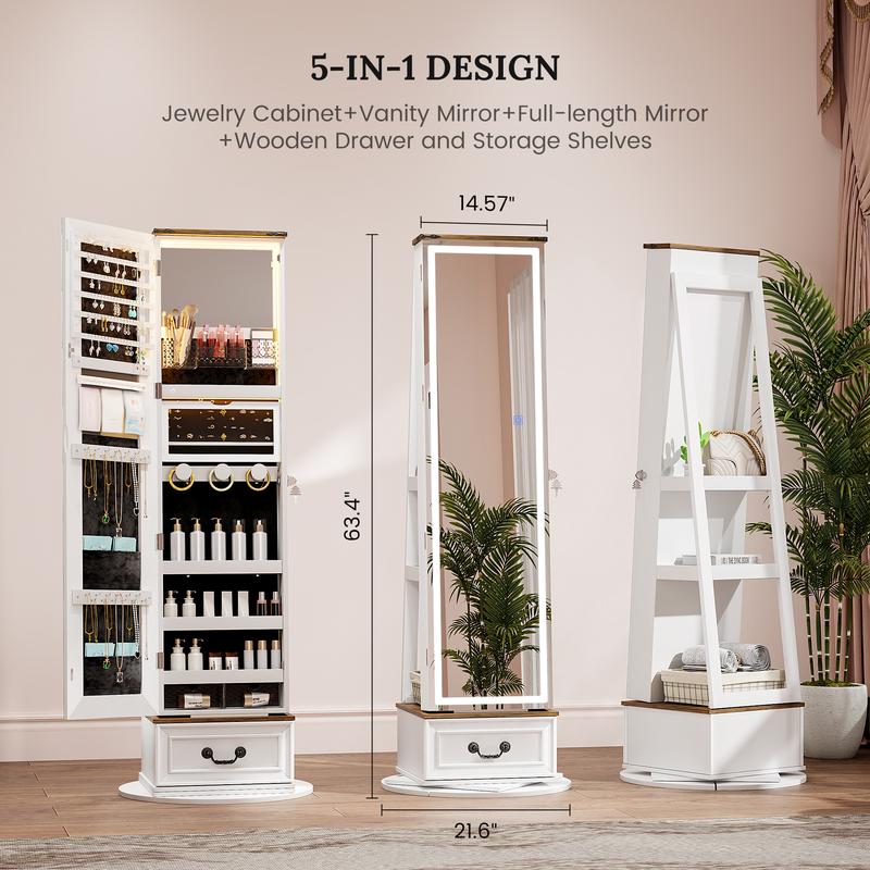 Miuvanity 5-in-1 360° Swivel Jewelry Cabinet with LED Mirror – Lockable, Standing Armoire with 108 Earring Slots & Full-Length Mirror