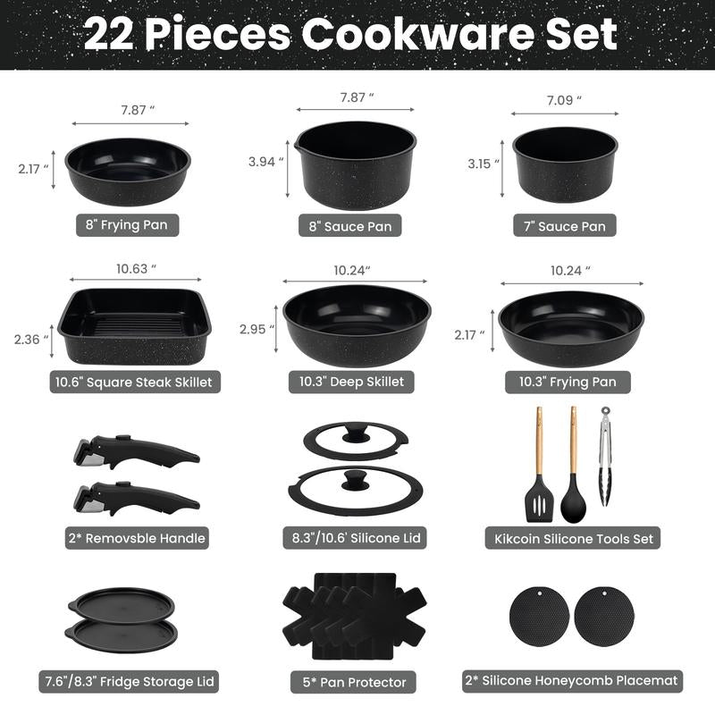 Kikcoin Ceramic Pro 22-Piece Nonstick Cookware Set – Detachable Handles, SGS Certified, PFOA-Free, Stackable