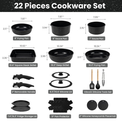 Kikcoin Ceramic Pro 22-Piece Nonstick Cookware Set – Detachable Handles, SGS Certified, PFOA-Free, Stackable