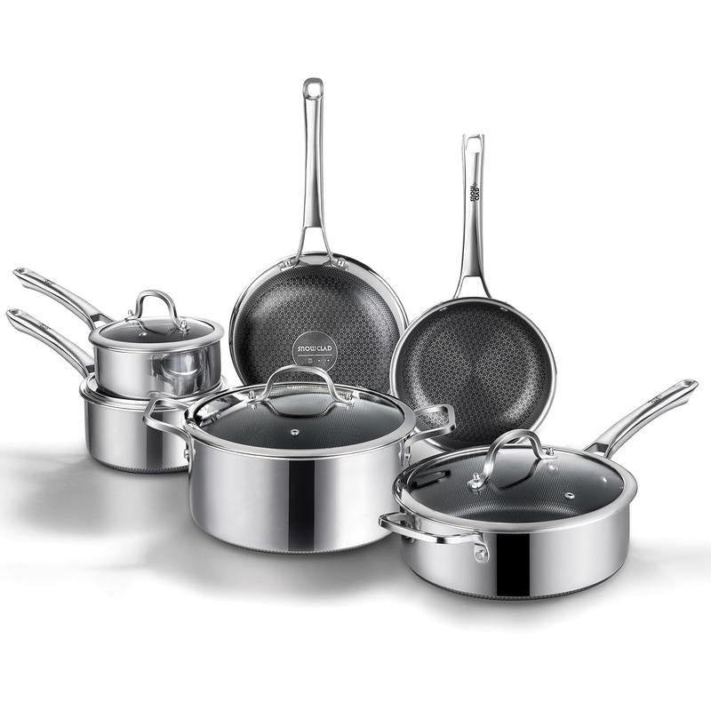 SNOWCLAD Hybrid Nonstick Cookware Set – Tri-Ply Stainless Steel, Induction Ready, Oven Safe 500°F (10-Pc & 14-Pc)