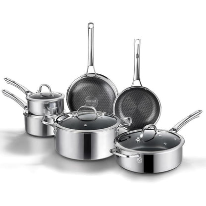 SNOWCLAD Hybrid Nonstick Cookware Set – Tri-Ply Stainless Steel, Induction Ready, Oven Safe 500°F (10-Pc & 14-Pc)