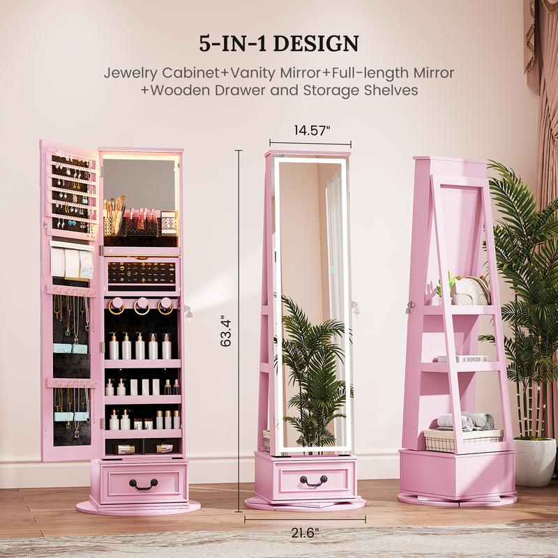 Miuvanity 5-in-1 360° Swivel Jewelry Cabinet with LED Mirror – Lockable, Standing Armoire with 108 Earring Slots & Full-Length Mirror