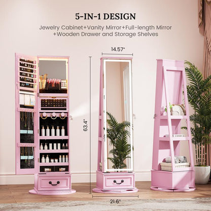 Miuvanity 5-in-1 360° Swivel Jewelry Cabinet with LED Mirror – Lockable, Standing Armoire with 108 Earring Slots & Full-Length Mirror