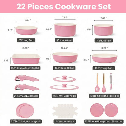 Kikcoin Ceramic Pro 22-Piece Nonstick Cookware Set – Detachable Handles, SGS Certified, PFOA-Free, Stackable