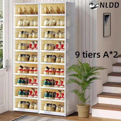 9-Tier Foldable Shoe Organizer with Clear Doors – Holds 18 Pairs, Wheeled, Tool-Free Assembly